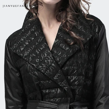 Fashion Lace Appliqued Black Raca Navzdol Plašč Žensk Nove Zimske Eleganten V-Izrez Pasu Čipke-Up Toplo Zgostitev Korejski Priložnostne Dol Jopiči