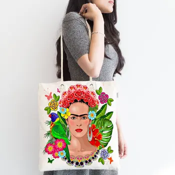 Frida Kahlo Dvojno Stranicami Digitalni Tiskarski Stroj Raw Krpo Nakupovalno Vrečko Letnik Koristno Torbici Design Z Zadrgo Sodobne Tkanine
