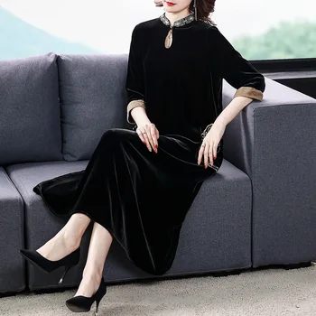 Zlato žametno obleko ženske 2020autumn nov modni self-gojenje stranka izboljšano cheongsam obleko velikosti M-4XL elegantno vestidos