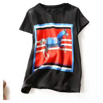 2020 Poletje Nov Modni Tiskane Svile, Majica za Ženske okoli Vratu Kratek Rokav Vse-tekmo Svile T-shirt