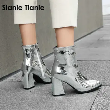 Sianie Tianie 2020 pozimi lakasto PU usnje srebrna vijolična zlata ženska, čevlji škorenjčki moda blok visokih petah ženske škornji