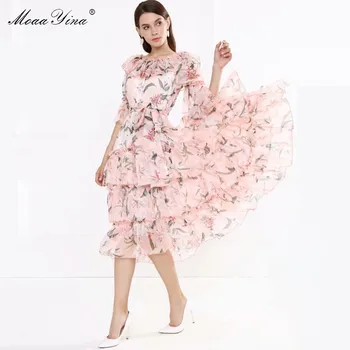 MoaaYina Modni Oblikovalec obleko Pomlad Jesen Ženske noše Cvet Tiskanja Ruffles Šifon Obleke
