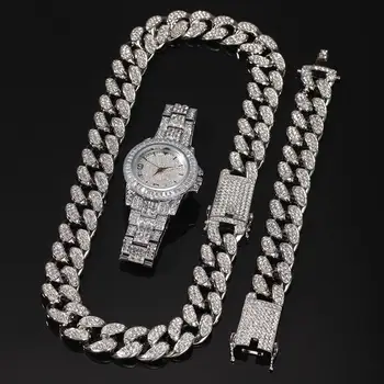 UWIN Hip Hop Ogrlica 2 cm Kristalno Miami Kubanski Verige Zapestnico Watch Komplet Okrasnih Cinkove Zlitine, Nakit, Ogrlice Za Moške