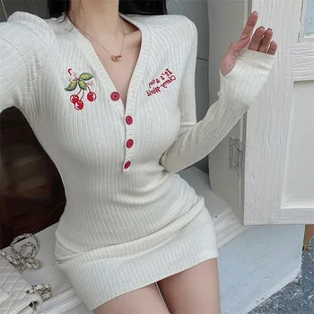 Pomlad Kawaii Pulover Obleko Ženske Elegantne Sladko Pletena Mini Obleka Ženska Priložnostne Češnja Tiskanja Japonski Korejski Obleki Ženske 2021