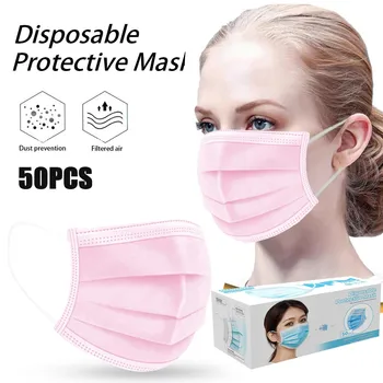 Odraslih Unisex Zraka Čiščenje Enkratno Uporabo Masko Zajema Prah 3 Plast Usta Filtrirna 50 Kos Maskara Zaščitna Roza Mascarillas