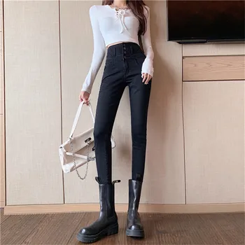 Pravi Strel 2020 Nove Modne Ženske Visoko Pasu Suh Priložnostne Stretch Retro Devet Točk Malo Noge Jeans