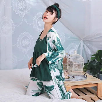 Koreja Eleganco Cvetlični Bombažno Pižamo Določa Ženske z Dolgimi Rokavi Bombaž Pižame Seksi Cami Vrh +hlače +haljo 3-kos Homesuit