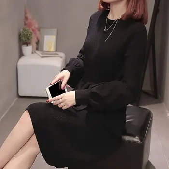 Dolg rokav črno obleko pleteni pulover obleko prevelik jumper ženske obleke 2019 pozimi svoboden priložnostne obleko velikih velikosti