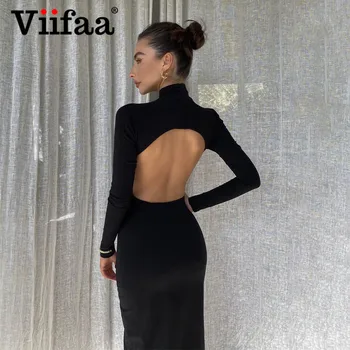Viifaa Backless Elegantno Izrežemo Ramenski Dolg Rokav Jeseni Bodycon Dolge Obleke 2020 Zimske Ženske Stranka Seksi Obleko Midi