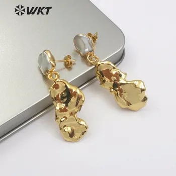 WT-E490 WKT Najbolje prodajanih pearl stud z naravnimi naključno velikost Baročno biseri polno zlata dip barvanje ženski uhani darilo nakit