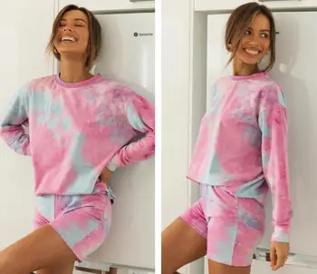 Ženske Pižame Nastavite 2020Summer Priložnostne Svoboden Tie Dye T-Shirt Hlače Dva Kosa Obleko Sleepwear Za Samice Bombaž Homewear