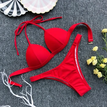 Poletje Seksi Rdeče Mikro Bikini Komplet Ženske Kopalke Povoj Povodcem Podložen Nedrček, Tangice Kopalke Kopalk Beach Wear