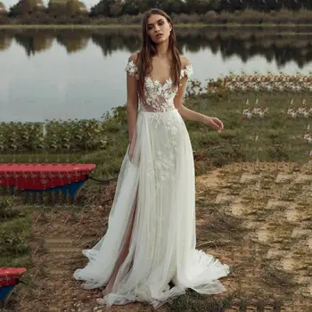Boho Poročne Obleke Off Ramo 3D Cvetlični Čipke Appliques Poročne obleke Režejo Vrt Poročni Obleki vestido de noiva
