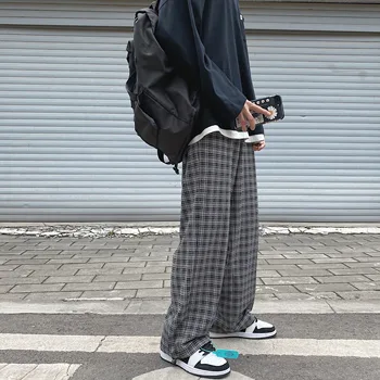Mens kariran hlače vrečasta širok noge hlače korejski modni slog hlače za moške ulične stop videti na moj kurac sweatpants