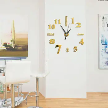 3D Velike Stenske Ure Ogledalo Nalepke, Velike Watch Nalepke Doma Dekor Edinstveno Darilo DIY zlato