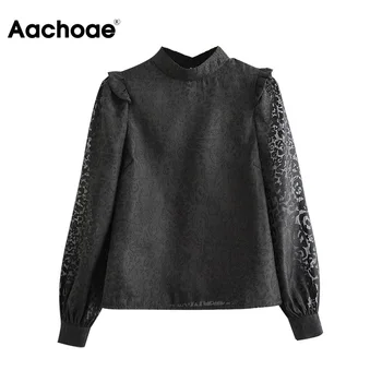 Aachoae Ženske Modni Leopard Tiskanja Bluze 2020 Pregleden Puff Dolg Rokav Ruffle Majica Črna Eleganten Top Bluzo Blusas Mujer