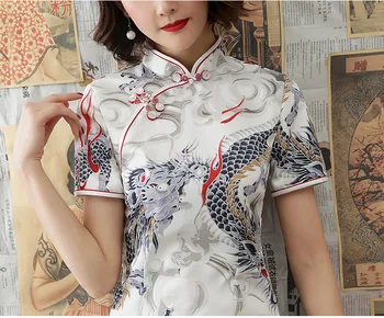 Sheng Coco White Dragon Cheongsam Obleke Sodobne Mlade Slog Spremenjeno Različico Qipao Dnevno Kratek Shanghai Vzhodno Kitajsko Obleko