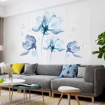 Modri Cvet Izmenljive Stenske Nalepke 3D Akvarel Črnilo Wall Art Decals Zidana Umetnosti za dnevno Sobo, Spalnica Dekoracijo Doma Dekor