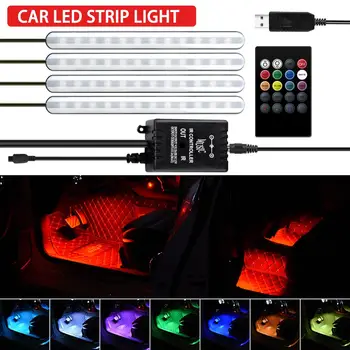LED Avto Stopala Svetlobo Okolice Svetilko Z USB Brezžični Daljinski Glasbe za Nadzor Več Načinov Avtomobilske Notranjosti Dekorativne Luči