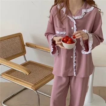 Ruffles roza pižami sklop priložnostne svoboden jeseni doma obleko z dolgimi rokavi pižame hlače sleepwear 2 delni set salon obrabe Y147