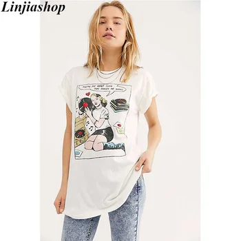 Priložnostne belega T-shirt risanka tiskanja mehko bombaža, plus velikost kratek rokav visoko modo prevelik poletje tees ženske dropshipping