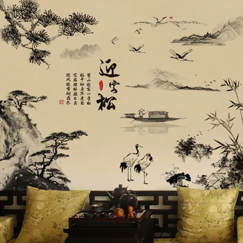 Kitajski slog, črnilo slikarstvo krajine, stene decals je bor čoln, doma dekor, PVC vinil ozadje, Bambusa gorske stene decals