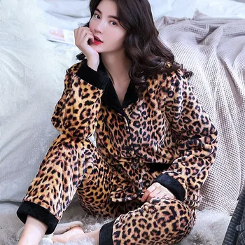 2020 Novo Debele Ženske Pižame Nastavite Pozimi Toplo Flanela Pajama Določa Pižame Leopard Ženska Homewear Živali Sleepwear