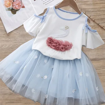 2020 Poletje Dekliški Kompleti Oblačil Elegantno Princesa Stranka Živali, T-Shirt+Gradient Gaza Krilo 2PCS Baby Otroci, Otroci, Oblačila, ki