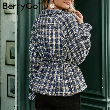 BerryGo Moda kariran tweed jakna ženske plašč Svoboden luč rokav ulične coats Elastična visoko pasu dame jopiči outwear