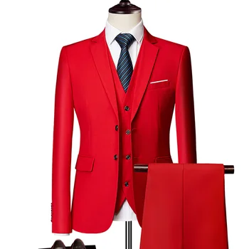 Čiste Barve Moških Formalnih Obleke, Modni Business Casual Banket Moški Suknjič +Telovnik + Hlače Velikost 6XL 2/3 Kos Obleke za Poročne