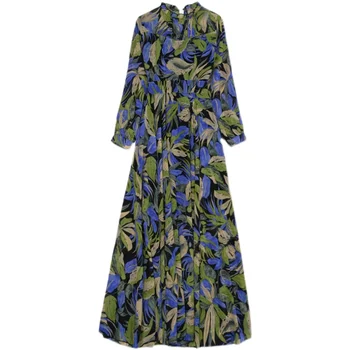 2021 Pomlad Poletje Plus Velikost Obleko z Dolgimi Rokavi Moda Temperament Maxi Obleke za Ženske Obleke, Zelena, Rumena, Črna
