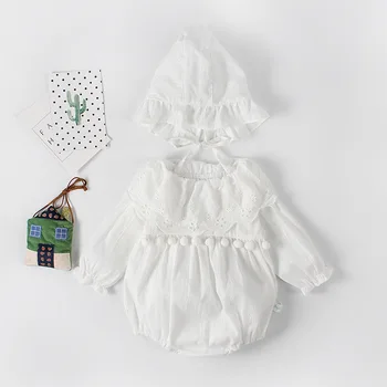 0-24M Newborn Baby Dekle Obleko Belo Baby Dekle Bodysuits 2019 Pomlad Poletje Bombažne Čipke Tassel Kroglice za Malčke Jumpsuit S Klobuk