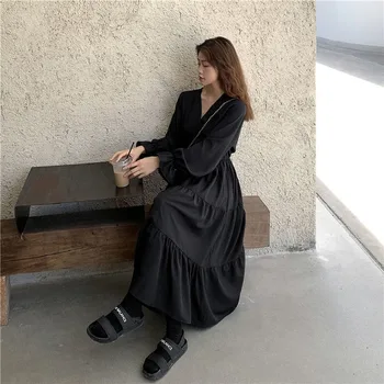 Dolg Rokav Črna Obleka Ženske Naguban Proti-vrat Priložnostne Midi Obleke Elegantna Ženska korejskem Slogu Ulične Vintage Retro Vestidoes