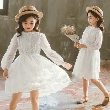 Elegantne Bele Čipke Cvet otroci baby dekleta Oblačenja Dolg Rokav črto, Dekleta obleke Princess Party Vestidos 4 5 6 7 9 8 10 12 let