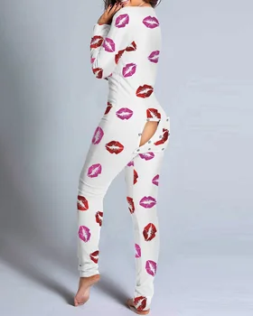 Ženska Ustnice Tiskanja Pajama Sleepwear Jumpsuit Funkcijski Gumbi Flab Woma Doma PajamasOne Kos Odraslih More Jumpsuit