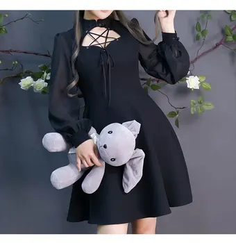 2019 Gothic Girl Oblačenja Prsih Pet poudaril, star Votel Iz Čipke Gor Ovratnik Seksi Ženske Obleke z Dolgimi Rokavi Linije Black Punk Obleko
