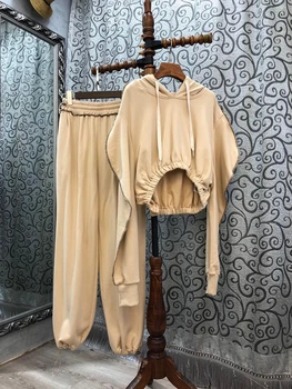 2020 Jeseni in Pozimi nove ženske izrez vrvico long sleeve hooded suknjič hlače barva nastavite 916