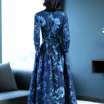Moda Modra Traper Kavbojke Obleko Jeseni Tiskanja Proti-vrat Poln Rokav Maxi Obleko Haljo Femme Vestidos