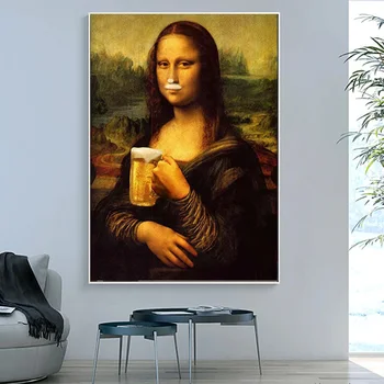 Humoreska Zabavno Mona Lisa Pitje Piva Platno Slikarstvo Plakatov in Fotografij Quadros Stenskih slikah, za Dnevni Sobi Doma Dekor Cuadros