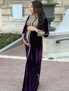 Smileven Maroko Caftan Večerne Obleke nosečnica Maturantski Žametno Obleko z Dolgimi Rokavi Formalno Večer Stranka Obleko Plus Velikost