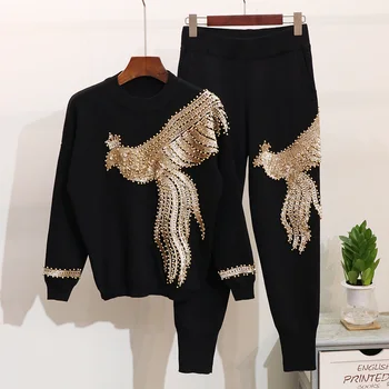 2020 Moda Pomlad Jesen Ženske Modni Pulover Phoenix Beaded Dolg rokav Svoboden Pleteni Pulover + Hlače Priložnostno Dve Delni Set