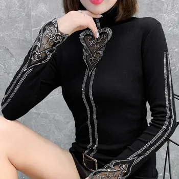 2020 Jeseni Turtleneck Ženska tshirts Fashion sexy votlih iz očesa vrhovi Elegantno vitek, dolg rokav črna majica plus velikost