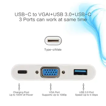 3 V 1 Mini Display Port, VGA Ženski Adapter Pretvornik-Kabel Tip-C Na VGA Adapter 3-v-1 Multi Vrata USB 3.0 4K Polnjenje Pretvorite