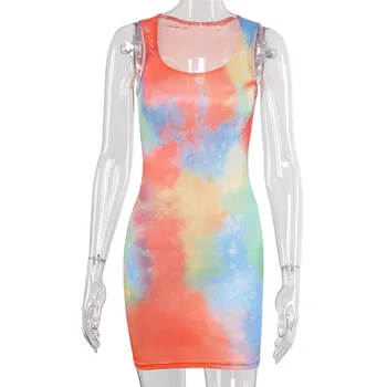Hugcitar 2020 sleveless tie dye bodycon seksi mini obleka za poletje ženske modni ulične opreme sundress