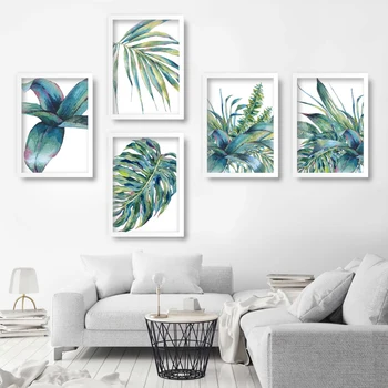 Tropski listnih Akvarel Modro, Zeleno listje, Galerija Wall Art Natisne Botanični Stenske Slike za Dnevna Soba Dekoracijo Doma