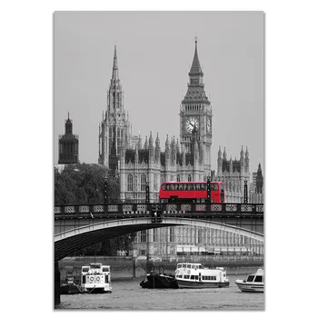 Nordijska Londonu, Parizu Stolp Krajine, Poster Tiskanje Črno Belo Ozadje, Rdeč Avto Slikarstvo Modularni Slika Domov Dekoracijo