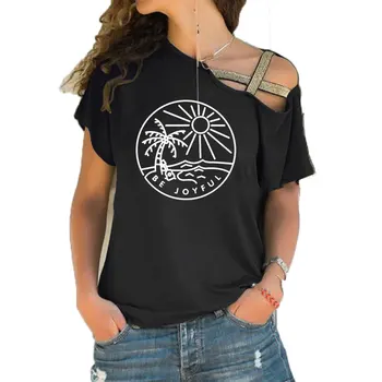 Kuakuayu HJN Bodite Radostni Pozitivno Bombaža ženske Natisnjeni Cool umetnosti Priložnostne T-shirt za dekle Nezakonitih Skew Križ Povoj Ženske vrhovi