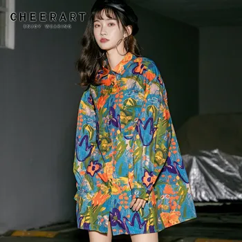 CHEERART Plus Velikost Cvetlični Bluzo z Dolgimi Rokavi Raznobarvno Belovrati Rokavi Ženske Svoboden Zeleni Vrhovi In Bluze Spomladi leta 2020