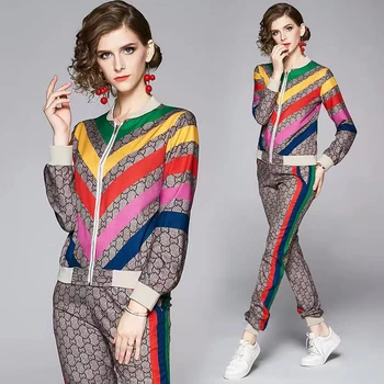 Evropski priložnostne šport pleteni pulover debele svoboden baseball enotno suknjič natisnjeni proge kontrast barve obleko obleko, dvodelno,