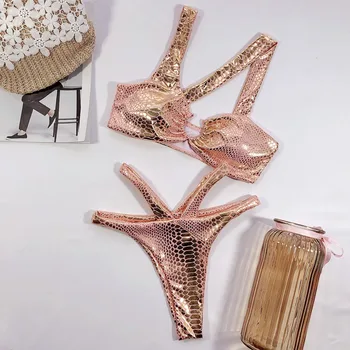 Sijoče Snakeprint Bikini Ženske 2020 Kopalke Bandeau Povoj Kopalke Povodcem Kopalke Visoko Izreži Biquini Seksi Bikini Zlato